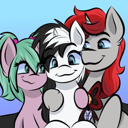 Size: 800x800 | Tagged: safe, artist:doodlesdoodles8, derpibooru import, oc, oc only, oc:magicalboyzenny, oc:magicalmysticva, oc:shouka, pony, unicorn, bisexual, blue eyes, boyfriend, boyfriend and girlfriend, cute, duo, duo female, female, girlfriend, green eyes, horn, male, nuzzling, pigtails, polyamory, trio, twintails