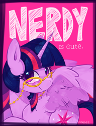 Size: 1300x1700 | Tagged: safe, artist:floudee, derpibooru import, twilight sparkle, twilight sparkle (alicorn), alicorn, pony, g4, adorkable, cute, dork, female, glasses, glasses chain, hatching (technique), looking at you, mare, nerd, nerd pony, nerdy is cute, pink background, signature, simple background, smiling, smiling at you, solo, spread wings, twiabetes, wings