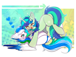 Size: 2160x1620 | Tagged: artist needed, safe, derpibooru import, oc, oc only, oc:dashwhite, oc:jade luster, pegasus, pony, unicorn, duo, heart, horn, hug, oc x oc, shipping, smiling