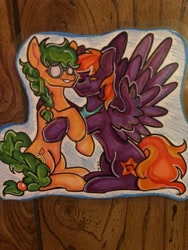 Size: 3024x4032 | Tagged: safe, artist:kabie bug, derpibooru import, oc, oc:burningstar, oc:morning mimosa, earth pony, pegasus, pony, braid, braided tail, cute, female, glasses, hug, mare, mascot, spread wings, tail, traditional art, wings