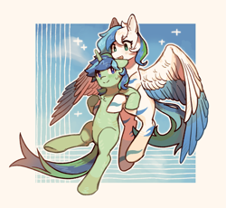 Size: 5223x4805 | Tagged: artist needed, safe, derpibooru import, oc, oc:dashwhite, oc:jade luster, pegasus, pony, unicorn, carrying, colored wings, duo, flying, horn, oc x oc, passepartout, shipping, simple background, two toned wings, wings