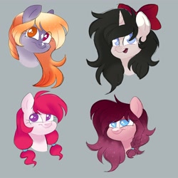 Size: 4000x4000 | Tagged: safe, artist:fizzlefer, derpibooru import, oc, oc only, oc:bejewelled clouddust, oc:indica, oc:karzii, oc:manta, alicorn, pegasus, pony, black mane, blonde, blonde mane, blue eyes, bow, braid, bust, cream coat, ear markings, facial markings, female, freckles, gray coat, hair bow, hair tie, heterochromia, light shading, long mane, pink coat, pink mane, portrait, purple eyes, purple mane, simple background, sketch