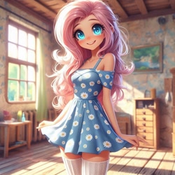 Size: 1024x1024 | Tagged: source needed, safe, ai content, derpibooru import, generator:dall-e 3, machine learning generated, fluttershy, human, g4, blue dress, blushing, clothes, cute, female, generator:copilot, humanized, indoors, looking at you, prompter needed, shyabetes, smiling, smiling at you, socks, solo, standing, thigh highs, zettai ryouiki