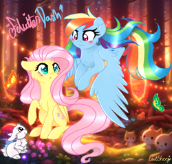 Size: 2281x2173 | Tagged: safe, ai content, artist:lostsheep, derpibooru import, machine learning assisted, angel bunny, fluttershy, rainbow dash, butterfly, pegasus, pony, g4, female, flutterdash, forest, lesbian, nature, shipping, tree, trio focus