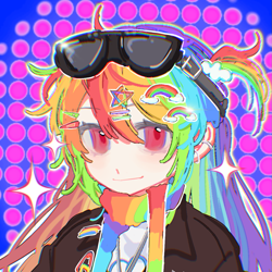 Size: 1233x1233 | Tagged: safe, artist:qiaozhu20289, derpibooru import, rainbow dash, human, equestria girls, g4, abstract background, bust, female, human female, humanized, multicolored hair, outline, rainbow hair, red eyes, smiling, solo, sunglasses, sunglasses on head, white outline