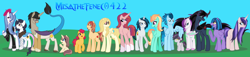 Size: 6652x1524 | Tagged: safe, artist:bookwormpony, derpibooru import, oc, oc only, oc:alba evening, oc:amethyst, oc:apple bites, oc:aura sphere, oc:blue flame, oc:citrus berry, oc:eclipse sunshine, oc:enigma sunrise, oc:fleur de cire, oc:glitzy glow, oc:golden breeze, oc:magnet tone, oc:nightmare moon, oc:rage, oc:spark, oc:tropical heat, alicorn, dracony, earth pony, hybrid, pegasus, pony, unicorn, base used, beret, blaze (coat marking), clothes, coat markings, colt, curved horn, facial markings, female, filly, foal, glasses, hat, horn, interspecies offspring, male, mare, next generation, not lightning dust, offspring, parent:apple bloom, parent:applejack, parent:bulk biceps, parent:button mash, parent:caramel, parent:discord, parent:fancypants, parent:flash sentry, parent:fleur-de-lis, parent:fluttershy, parent:king sombra, parent:neon lights, parent:princess celestia, parent:princess luna, parent:rarity, parent:rumble, parent:scootaloo, parent:soarin', parent:spike, parent:spitfire, parent:starlight glimmer, parent:sunburst, parent:sweetie belle, parent:tender taps, parent:twilight sparkle, parent:vinyl scratch, parents:carajack, parents:dislestia, parents:fancyfleur, parents:flashlight, parents:flutterbulk, parents:lumbra, parents:rumbloo, parents:soarinfire, parents:sparity, parents:starburst, parents:sweetiemash, parents:tenderbloom, parents:vinylights, socks (coat marking), stallion, sweater