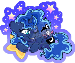 Size: 1600x1348 | Tagged: safe, artist:thehaywaiianhorse, derpibooru import, princess luna, tiberius, opossum, pony, g4, deviantart watermark, duo, lying down, obtrusive watermark, prone, starry eyes, watermark, wingding eyes