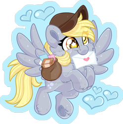 Size: 1600x1608 | Tagged: safe, artist:thehaywaiianhorse, derpibooru import, derpy hooves, pony, g4, chibi, deviantart watermark, letter, mouth hold, obtrusive watermark, solo, starry eyes, watermark, wingding eyes