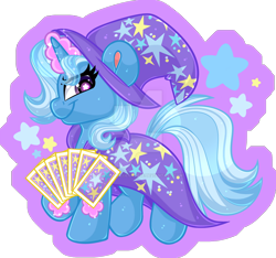 Size: 1600x1497 | Tagged: safe, artist:thehaywaiianhorse, derpibooru import, trixie, pony, unicorn, g4, abstract background, cape, card, chibi, clothes, colored pinnae, cute, deviantart watermark, diatrixes, female, glowing, glowing horn, hat, horn, magic, magic aura, mare, obtrusive watermark, simple background, smiling, solo, starry eyes, telekinesis, transparent background, trixie's cape, trixie's hat, walking, watermark, wingding eyes