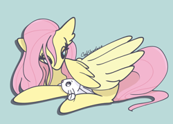 Size: 4400x3143 | Tagged: safe, artist:tkshoelace, derpibooru import, angel bunny, fluttershy, pegasus, pony, rabbit, g4, animal, blue background, duo, duo male and female, ear fluff, ears, female, folded wings, looking at each other, looking at someone, male, simple background, wings