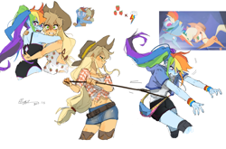 Size: 2771x1827 | Tagged: safe, artist:cocoqihao, derpibooru import, applejack, rainbow dash, human, pony, equestria girls, g4, bag, bare shoulders, clothes, denim, denim skirt, hug, knee pads, lasso, multicolored hair, rainbow hair, reference used, rope, shorts, simple background, skirt, sleeveless, swimsuit, text, white background