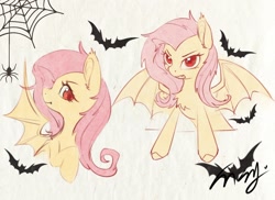 Size: 1652x1200 | Tagged: safe, artist:co306012, derpibooru import, fluttershy, bat, bat pony, pony, spider, g4, bat ponified, fangs, female, flutterbat, mare, race swap, spider web