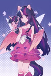 Size: 1812x2700 | Tagged: safe, artist:star6013, derpibooru import, twilight sparkle, twilight sparkle (alicorn), alicorn, human, pony, equestria girls, g4, bare shoulders, clothes, dress, female, gradient background, horn, horned humanization, humanized, mare, patterned background, self paradox, self ponidox, sleeveless, strapless, winged humanization, wings