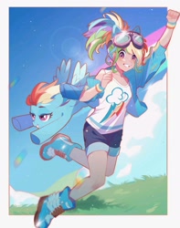 Size: 1608x2044 | Tagged: safe, artist:star6013, derpibooru import, rainbow dash, human, pegasus, pony, g4, female, flying, grass, grin, human female, humanized, kotobukiya, kotobukiya rainbow dash, mare, outdoors, passepartout, self paradox, self ponidox, smiling