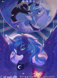 Size: 1600x2200 | Tagged: safe, artist:gongmo557, derpibooru import, nightmare moon, princess luna, alicorn, butterfly, pony, g4, female, looking at you, mare, spread wings, teary eyes, text, wings