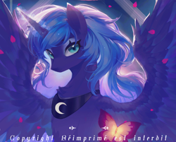 Size: 1600x1288 | Tagged: safe, artist:gongmo557, derpibooru import, princess luna, alicorn, butterfly, pony, g4, abstract background, female, looking at you, mare, solo, spread wings, text, wings