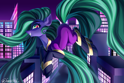 Size: 4500x3000 | Tagged: safe, artist:neonishe, derpibooru import, mane-iac, earth pony, pony, g4, power ponies (episode), city, cityscape, clothes, impossibly long mane, impossibly long tail, long mane, looking at you, power ponies, solo, tail