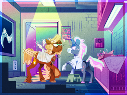 Size: 2048x1536 | Tagged: safe, artist:mrraapeti, derpibooru import, oc, oc only, oc:golden flare, pegasus, pony, unicorn, bandage, bandaged wing, broken bone, broken wing, cast, colored hooves, colored wings, commission, duo, freckles, hooves, horn, hospital, injured, male, nonbinary, pegasus oc, ponified, short tail, sling, species swap, stallion, tail, unshorn fetlocks, wings