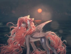 Size: 1680x1280 | Tagged: safe, artist:rif, derpibooru import, oc, oc only, pegasus, pony, blood moon, concave belly, female, flower, flower in hair, full moon, mare, moon, ocean, slender, solo, thin, water