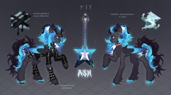 Size: 2048x1145 | Tagged: safe, artist:rif, derpibooru import, oc, oc only, pegasus, pony, abstract background, choker, clothes, colored wings, concave belly, electric guitar, female, fetlock tuft, garter straps, goggles, goggles on head, guitar, jacket, leather, leather jacket, mare, musical instrument, reference sheet, solo, spiked choker, spiked wristband, unshorn fetlocks, wings, wristband