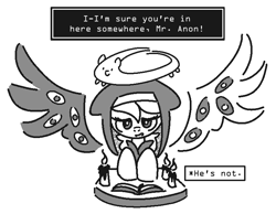 Size: 771x597 | Tagged: safe, artist:castafae, derpibooru import, oc, oc only, angel, pony, book, candle, clothes, dialogue, dialogue box, female, habit, halo, implied anon, mare, monochrome, multiple eyes, nun, robe, simple background, spread wings, white background, wingding eyes, wings