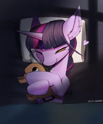 Size: 1150x1383 | Tagged: safe, artist:delta hronum, derpibooru import, twilight sparkle, pony, unicorn, g4, bed, bedroom, horn, looking at you, plushie, pochita, solo