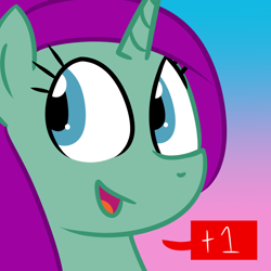 Size: 1000x1000 | Tagged: safe, artist:jaybirdthebird, derpibooru import, oc, oc only, oc:grape sherbet, pony, unicorn, blue eyes, female, gradient background, horn, icon, mare, open mouth, ponytail, purple mane, solo, two toned background