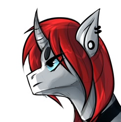 Size: 994x1006 | Tagged: oc name needed, safe, artist:enjaadjital, derpibooru import, oc, oc only, pony, unicorn, bust, collar, curved horn, ear piercing, eye clipping through hair, horn, male, male oc, piercing, portrait, simple background, solo, stallion, stallion oc, unicorn oc, white background