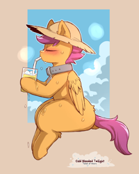 Size: 960x1200 | Tagged: safe, artist:cold-blooded-twilight, derpibooru import, scootaloo, pegasus, pony, g4, blushing, collar, dock, drink, drinking, eyes closed, female, filly, foal, hat, juice, lemonade, solo, straw hat, sweat, tail, wide hips