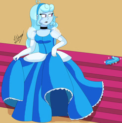 Size: 1280x1297 | Tagged: safe, artist:denisseguadiana, derpibooru import, oc, oc only, oc:jemimasparkle, human, equestria girls, g4, choker, cinderella, clothes, dress, dress lift, evening gloves, female, glass slipper (footwear), gloves, gown, hairband, long gloves, looking back, open mouth, running, solo, stairs, steps, worried