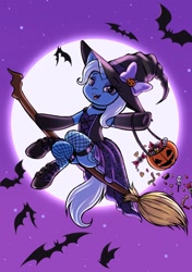 Size: 1444x2048 | Tagged: safe, artist:sweetpea-and-friends, derpibooru import, trixie, bat, pony, unicorn, g4, boots, bow, broom, candy, clothes, female, fishnet clothing, fishnet stockings, flying, flying broomstick, food, full moon, halloween, hat, holiday, horn, mare, moon, pumpkin bucket, shoes, solo, stockings, thigh highs, witch costume, witch hat