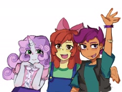 Size: 2160x1620 | Tagged: safe, artist:幽灵蓝莓兔, derpibooru import, apple bloom, scootaloo, sweetie belle, human, equestria girls, g4, cutie mark crusaders, female, horn, horned humanization, humanized, looking at you, open mouth, simple background, smiling, trio, trio female, white background, winged humanization, wings