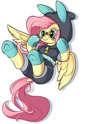 Size: 1200x1754 | Tagged: safe, artist:chisongzi397, derpibooru import, fluttershy, pegasus, pony, g4, clothes, costume, dangerous mission outfit, female, goggles, hoodie, mare, simple background, solo, spread wings, white background, wings