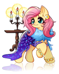 Size: 823x1028 | Tagged: safe, artist:chisongzi397, derpibooru import, fluttershy, pegasus, pony, g4, candelabra, candle, clothes, dress, ear piercing, earring, female, impossibly rich, jewelry, mare, piercing, raised hoof, raised leg, reflection, simple background, solo, white background