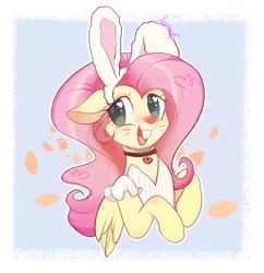 Size: 1199x1241 | Tagged: safe, artist:meteor s, derpibooru import, fluttershy, pegasus, pony, g4, bunny ears, bunny teeth, bust, choker, chokershy, clothes, cute, dress, face paint, female, light blue background, mare, open mouth, painted nose, passepartout, shyabetes, simple background, smiling, solo