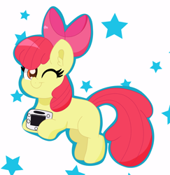 Size: 1906x1958 | Tagged: safe, artist:sparkly-retsuko, derpibooru import, apple bloom, earth pony, pony, g4, apple bloom's bow, bow, color outline, female, filly, foal, hair bow, one eye closed, solo, stars, wii u, wink