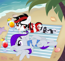 Size: 4848x4560 | Tagged: safe, alternate version, artist:ghostpikachu, derpibooru exclusive, derpibooru import, oc, oc only, oc:blackjack, oc:morning glory (project horizons), pegasus, pony, unicorn, fallout equestria, fallout equestria: project horizons, g4, alcohol, amputee, base artist:mimicat, base used, beach, bikini, branded, clothes, cybernetic legs, dashite, dashite brand, drink, duo, duo female, fanfic art, female, female oc, horn, level 1 (project horizons), lying down, mare, mare oc, ocean, on back, palm tree, pegasus oc, prosthetic eye, prosthetic leg, prosthetic limb, prosthetics, small horn, spread wings, swimsuit, tree, unicorn oc, water, wings