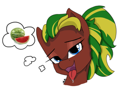 Size: 1355x997 | Tagged: safe, artist:aubs, artist:derpy_fan, derpibooru import, oc, oc only, oc:melon heart, pegasus, pony, fallout equestria, ahegao, food, newbie artist training grounds, open mouth, simple background, solo, tongue, tongue out, watermelon, white background