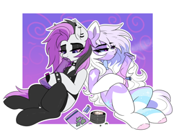 Size: 2500x2000 | Tagged: safe, artist:skyboundsiren, derpibooru import, oc, oc only, oc:moonstone, oc:siren andromeda, bat pony, pegasus, pony, bong, bowtie, choker, clothes, drugs, duo, duo female, female, grinder, lighter, marijuana, necktie, passepartout, piercing, signature, smoking, spiked choker, spiked wristband, stockings, thigh highs, vest, wristband