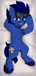 Size: 1891x3981 | Tagged: safe, artist:joaothejohn, derpibooru import, oc, oc only, oc:deevfactor, earth pony, pony, body pillow, chest fluff, commission, earth pony oc, glasses, looking at you, lying down, male, smiling, smirk, solo, stallion