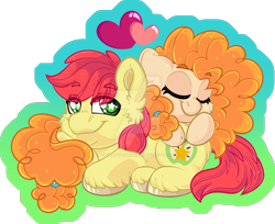 Size: 1600x1303 | Tagged: safe, artist:thehaywaiianhorse, derpibooru import, bright mac, pear butter, pony, g4, brightbutter, deviantart watermark, female, heart, lying down, male, obtrusive watermark, prone, shipping, starry eyes, straight, watermark, wingding eyes