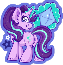 Size: 1600x1636 | Tagged: safe, artist:thehaywaiianhorse, derpibooru import, starlight glimmer, pony, g4, backwards cutie mark, chibi, deviantart watermark, kite, magic, obtrusive watermark, solo, starry eyes, watermark, wingding eyes