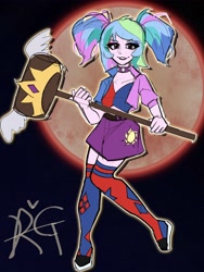 Size: 3000x4000 | Tagged: safe, artist:roachgochi, derpibooru import, princess celestia, principal celestia, human, equestria girls, g4, alternate hairstyle, choker, clothes, cutie mark on clothes, dc comics, hammer, harley quinn, pigtails, skirt, smiling, socks, thigh highs