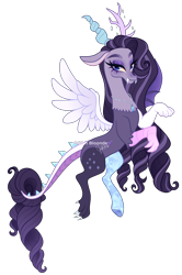 Size: 1564x2353 | Tagged: safe, artist:gihhbloonde, derpibooru import, oc, oc only, draconequus, hybrid, adoptable, colored pinnae, colored sclera, colored wings, eyeshadow, female, floating, gradient mane, gradient tail, gradient wings, grid adoptable, interspecies offspring, jewelry, lidded eyes, looking at you, makeup, mismatched wings, necklace, offspring, parent:discord, parent:rarity, parents:raricord, purple eyeshadow, simple background, solo, spread wings, tail, transparent background, unnamed oc, wings, yellow sclera