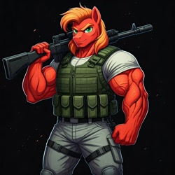 Size: 1024x1024 | Tagged: safe, ai content, derpibooru import, machine learning generated, big macintosh, anthro, earth pony, g4, black background, clothes, cosplay, costume, g.i. joe, generator:google imagen 3.0, great macintosh, gun, machine gun, male, muscles, muscular male, prompter:zerowinger, roadblock, simple background, solo, weapon