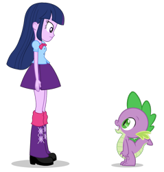 Size: 989x1035 | Tagged: safe, artist:cwt10101, derpibooru import, spike, twilight sparkle, dragon, human, equestria girls, g4, clothes, duo, duo male and female, female, looking down, looking up, male, simple background, skirt, transparent background, twilight sparkle's skirt, vector, wingless spike