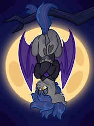 Size: 1535x2048 | Tagged: safe, artist:anxietymonstrr, derpibooru import, oc, oc only, oc:shadow bite, bat pony, pony, bat pony oc, bat wings, clothes, crossed arms, crossed legs, ear piercing, earring, fangs, hanging, hanging upside down, jewelry, male, moon, necktie, night, piercing, prehensile tail, shirt, slit eyes, spread wings, stallion, tail, tree branch, upside down, wings