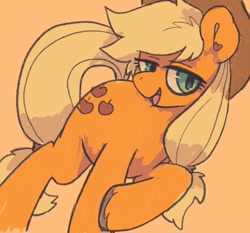 Size: 1679x1563 | Tagged: safe, artist:numetalalicorn, derpibooru import, applejack, earth pony, pony, g4, applejack's hat, clothes, cowboy hat, female, hat, heart, heart eyes, lidded eyes, looking at you, mare, open mouth, open smile, orange background, simple background, smiling, smiling at you, solo, tied hair, unshorn fetlocks, wingding eyes