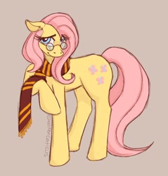 Size: 1373x1435 | Tagged: safe, artist:wolfencaticus, derpibooru import, fluttershy, pony, g4, clothes, cosplay, costume, crossover, ears, eyebrows, eyebrows visible through hair, female, floppy ears, glasses, gray background, harry potter, harry potter (series), looking at you, mare, raised hoof, raised leg, scarf, signature, simple background, smiling, smiling at you, solo, wingless