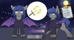 Size: 3728x2008 | Tagged: safe, artist:lexbunsfw, derpibooru import, oc, oc only, oc:shadow bite, bat pony, bat pony oc, bat wings, clothes, cutie mark, ear fluff, ear piercing, earring, ears, fangs, jewelry, male, moon, night, piercing, raised hoof, raised leg, reference sheet, shirt, side view, slit eyes, solo, spread wings, stallion, text, wings